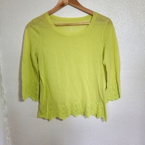 Marc Cain Gauze Mesh 3D Lace Blouse sz S Neon Yellow Quiet Luxury Designer